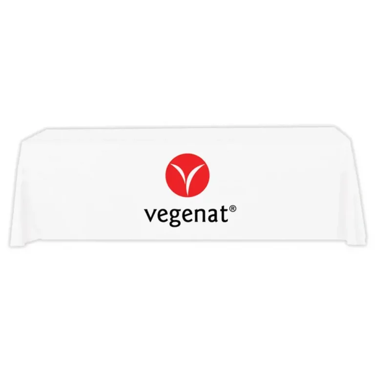 White table cover with red logo